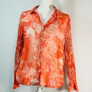Sezane Orange Silk Cotton Scenic Print Button Down Shirt Women Size 38